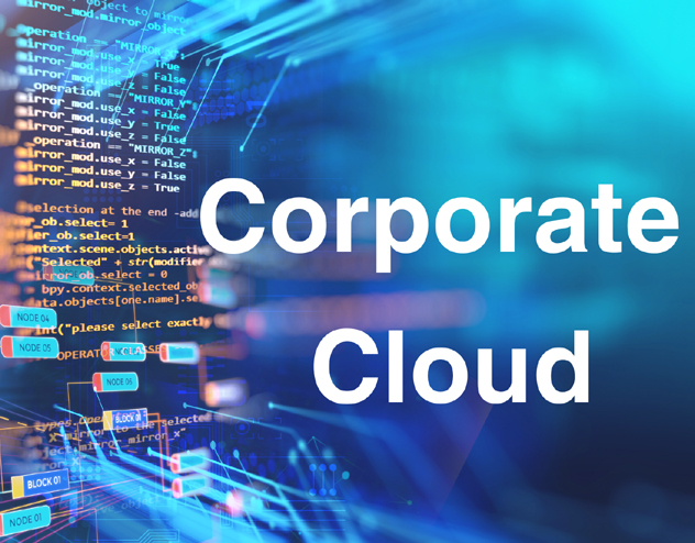 The image features Corporate Cloud text over a background of digital code and abstract cloud graphics, representing cloud technology in rays technology
