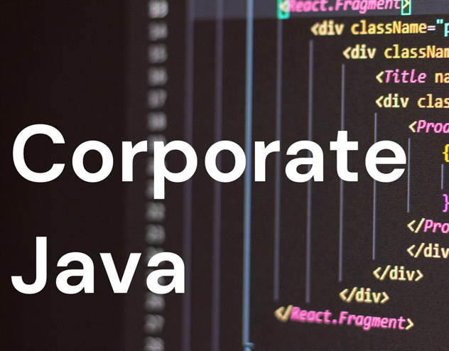 Corporate Java text overlaid on a dark background with visible code, emphasizing Java in business applications in rays technologies 