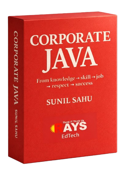 Corporate Java text overlaid on a dark background with visible code, emphasizing Java in business applications in rays technologies 