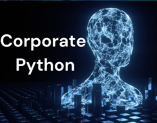 A wireframe human head made of glowing blue lines, symbolizing artificial intelligence or digital networks. Below the head are futuristic city-like blocks. The bold text Corporate Python rays technologies