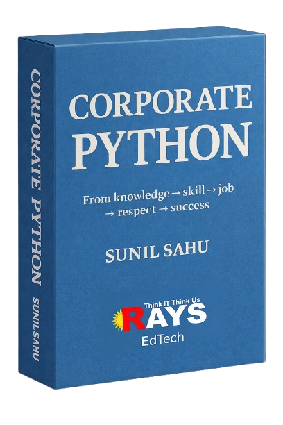 A wireframe human head made of glowing blue lines, symbolizing artificial intelligence or digital networks. Below the head are futuristic city-like blocks. The bold text Corporate Python rays technologies