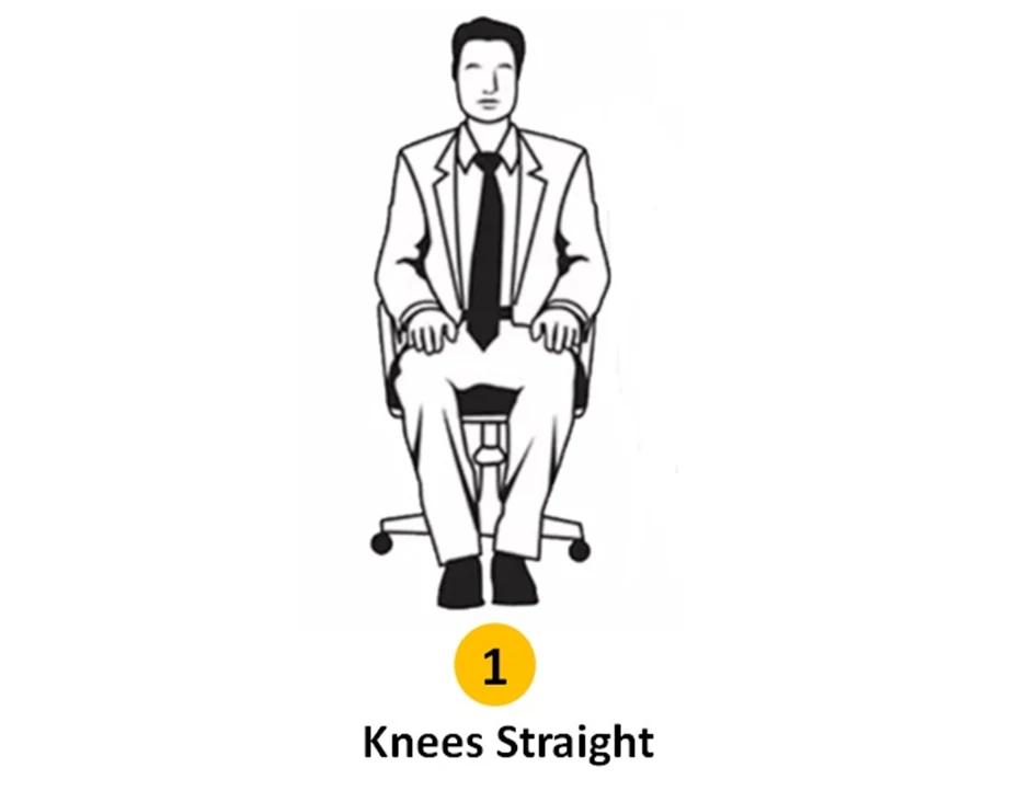 Illustration of a man in a suit sitting on an office chair with his knees straight and feet together