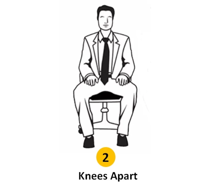 Illustration of a man in a suit sitting on an office chair with his knees spread apart