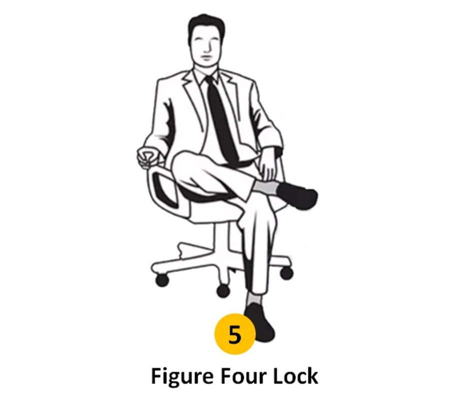 Illustration of a man in a suit sitting on an office chair with one ankle resting on the opposite knee in a figure-four leg lock