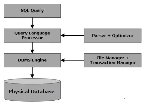 SQL processing diagram showing a SQL query passing through a query language processor using a parser and optimizer, then the DBMS engine using a file manager and transaction manager, to reach the physical database